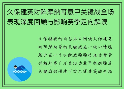 久保建英对阵摩纳哥意甲关键战全场表现深度回顾与影响赛季走向解读